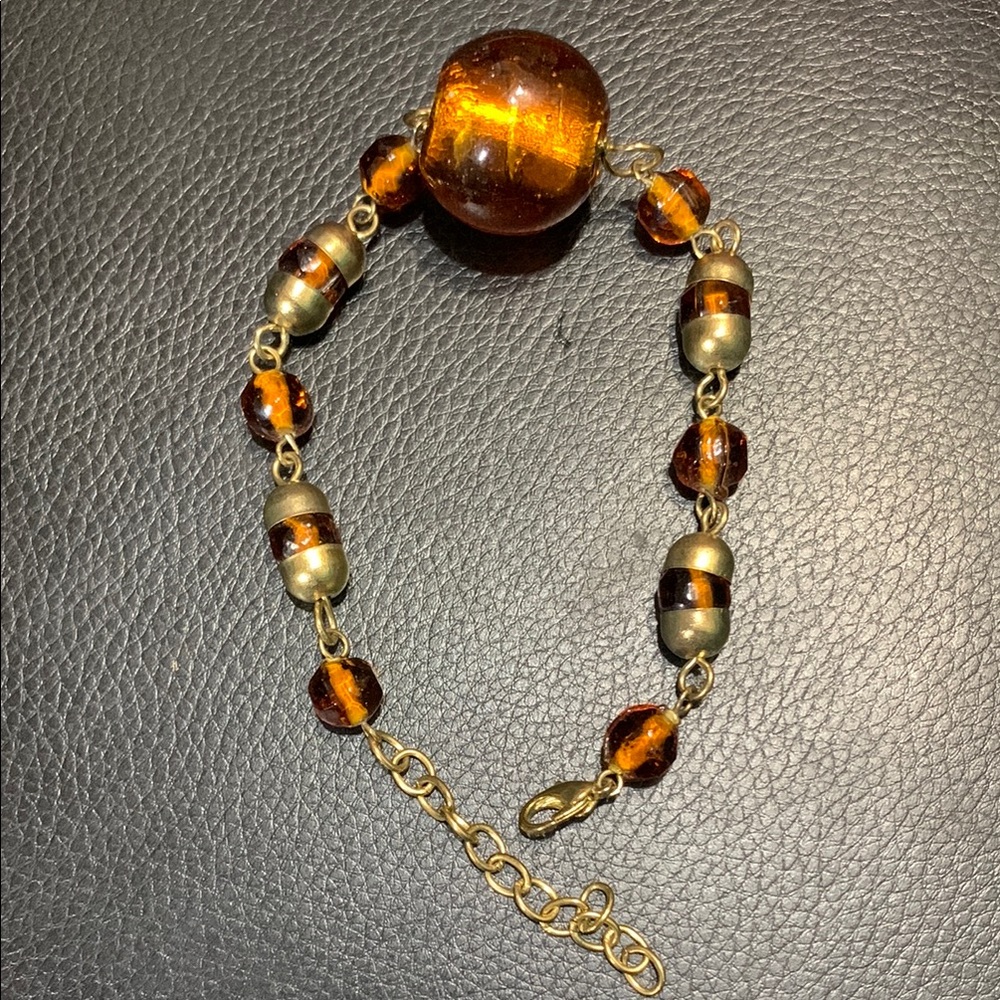 Vintage Amber color golden foil Murano glass Beaded Bracelet #225